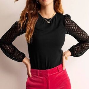 Crew Neck Lace-Sleeve Top, Black by Boden USA